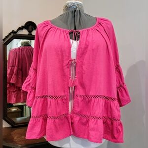 NWT XL Calligraphie Linen/Viscose Pink Open Front Top w/Ties